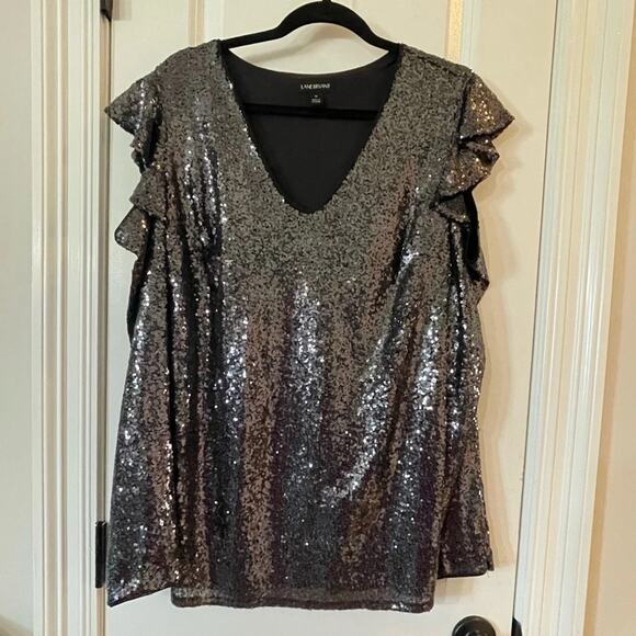Lane Bryant Gunmetal/Charcoal Grey Ruffled Cold-Shoulder Sequin Top - EUC - Picture 2 of 6